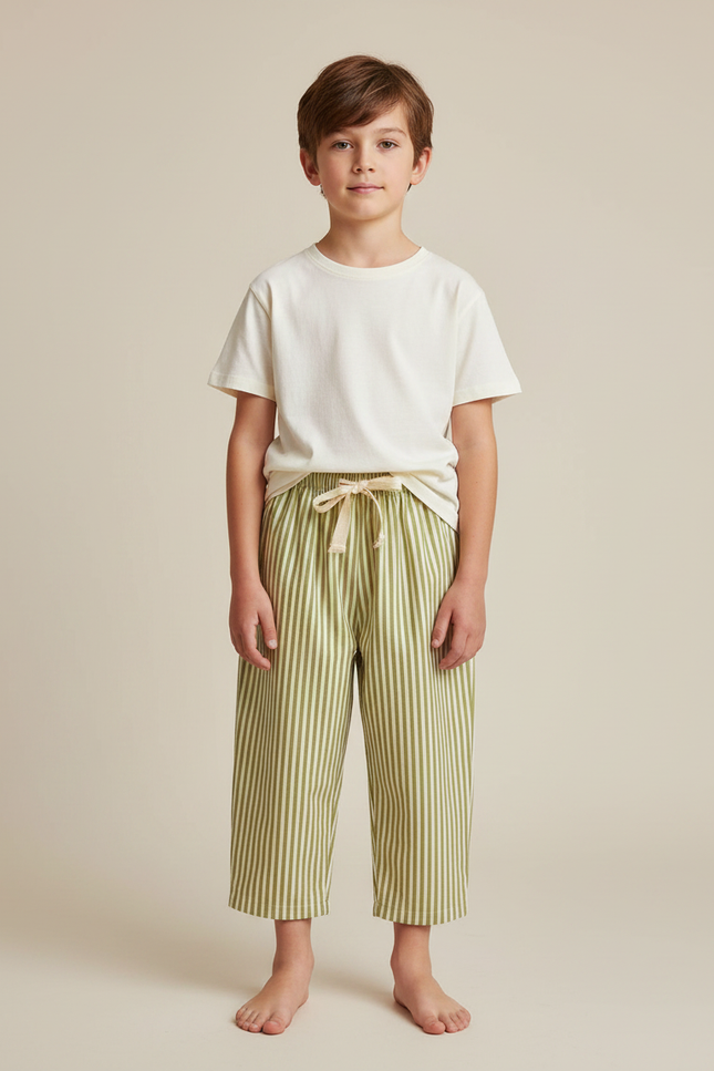 Pantalon Japonais Rayé Vert Ample Coton Enfant Décontracté