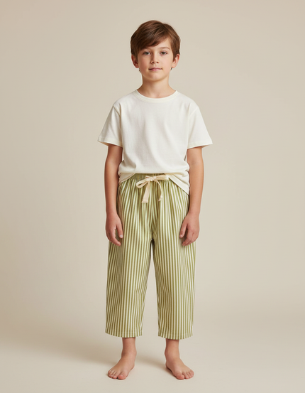 Pantalon Japonais Rayé Vert Ample Coton Enfant Décontracté