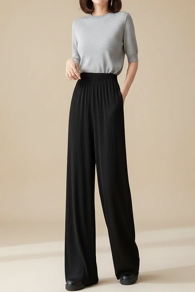 Pantalon Japonais Noir Plissé Ample Fluide Décontracté - Maille