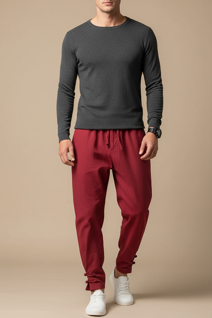 Pantalon Japonais Rouge Lin Ample Décontracté Boutons