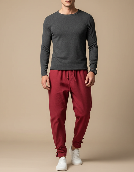 Pantalon Japonais Rouge Lin Ample Décontracté Boutons