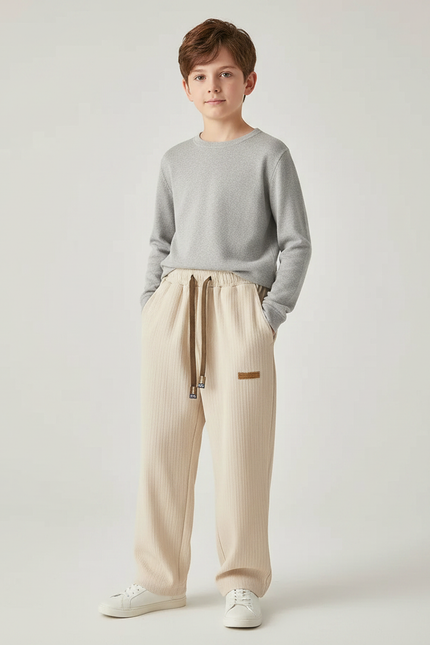 Pantalon Japonais Beige Droit Ample Côtelé Décontracté - Cordé