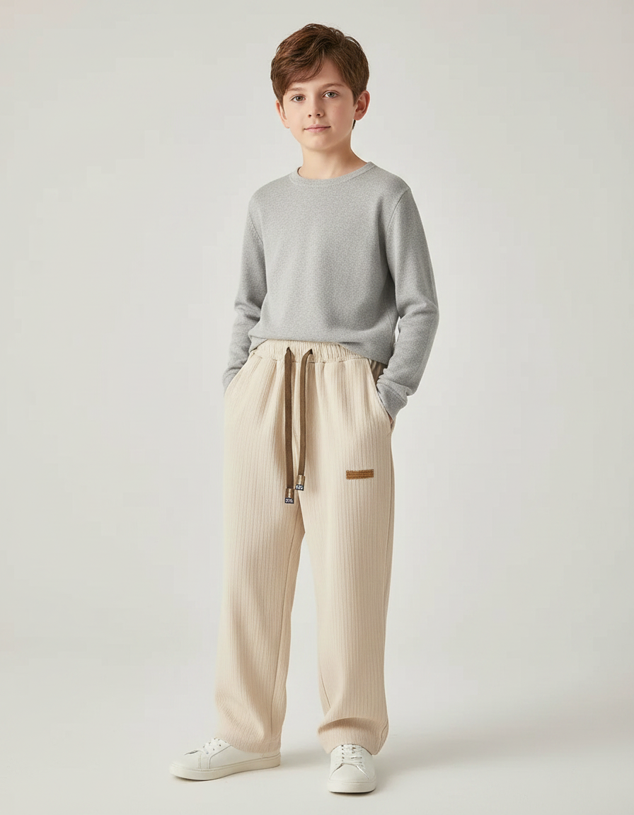 Pantalon Japonais Beige Droit Ample Côtelé Décontracté - Cordé