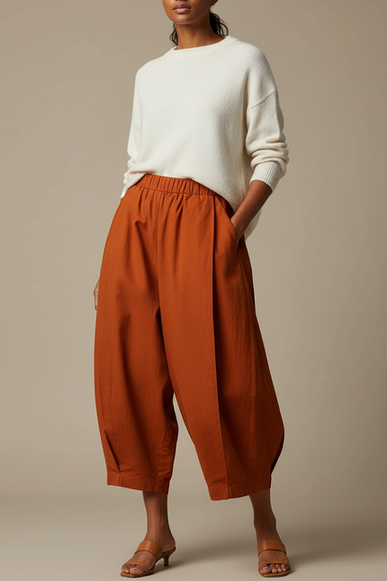 Pantalon Japonais Orange Ample Coton Fluide Élastique Femme