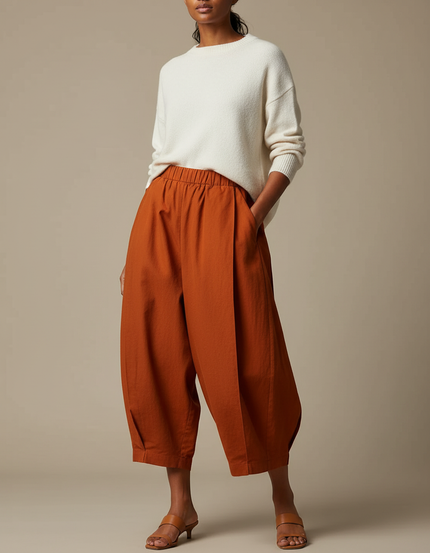 Pantalon Japonais Orange Ample Coton Fluide Élastique Femme