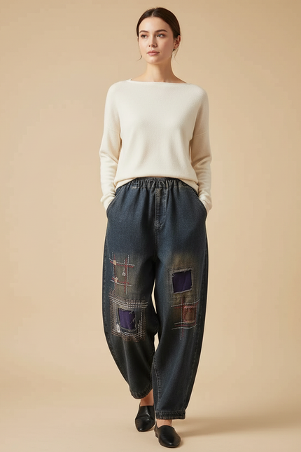 Pantalon Japonais Denim Harem Patchwork Brodé Ample - Bleu Jean