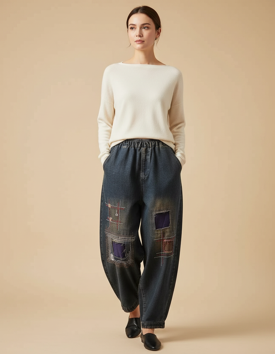 Pantalon Japonais Denim Harem Patchwork Brodé Ample - Bleu Jean