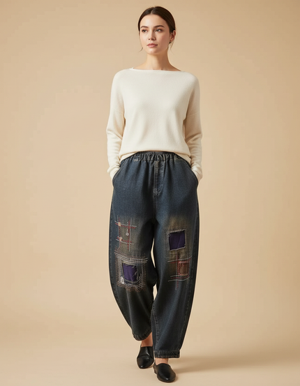Pantalon Japonais Denim Harem Patchwork Brodé Ample - Bleu Jean