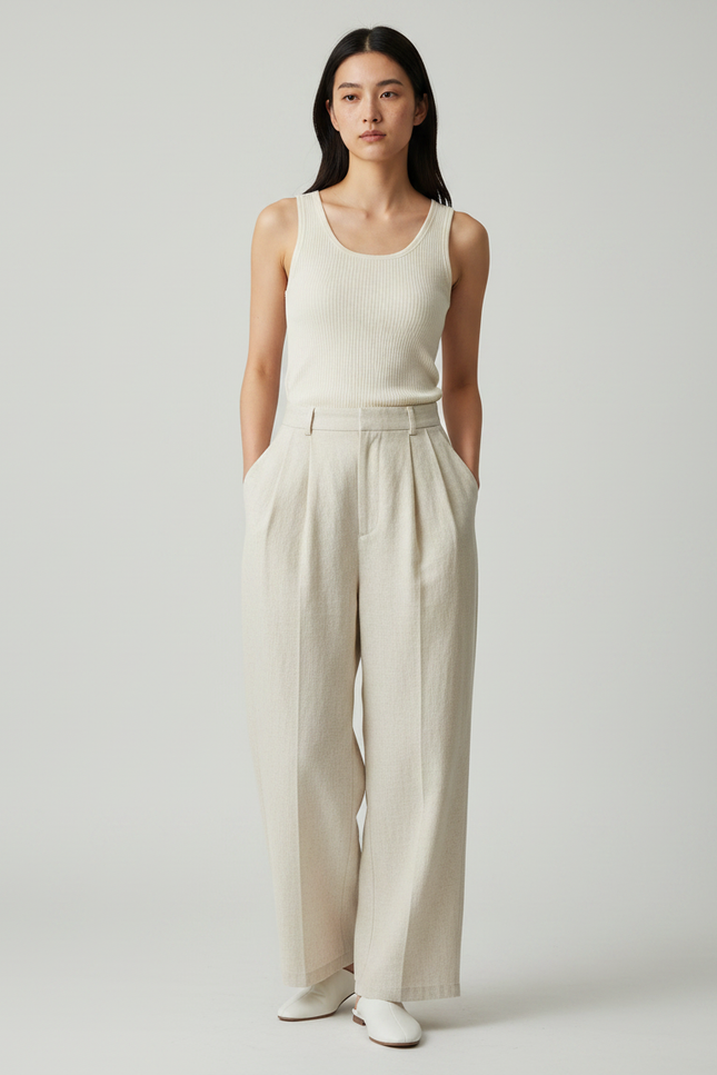 Pantalon Japonais Beige Ample Plissé Décontracté Fluide - Lin