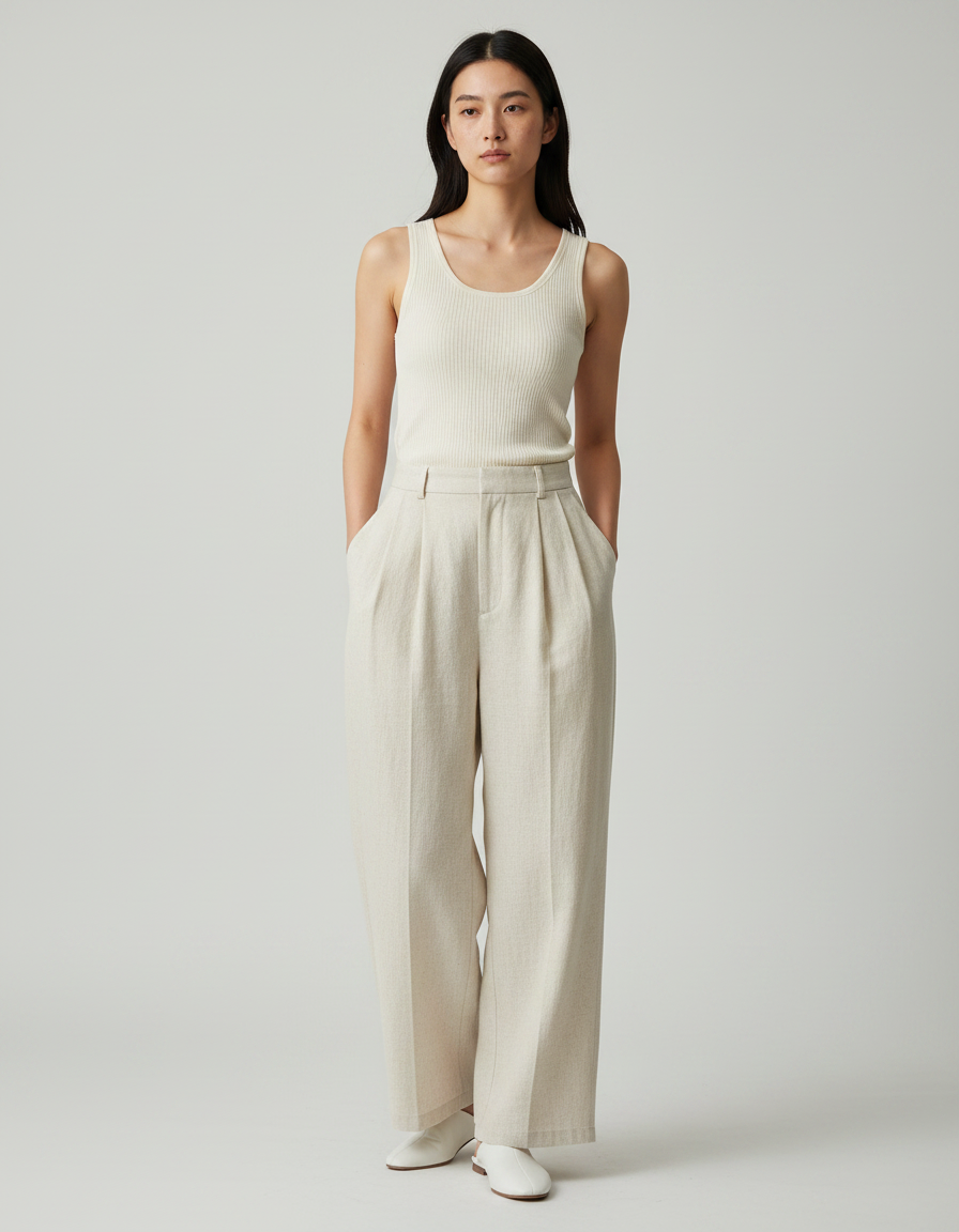 Pantalon Japonais Beige Ample Plissé Décontracté Fluide - Lin