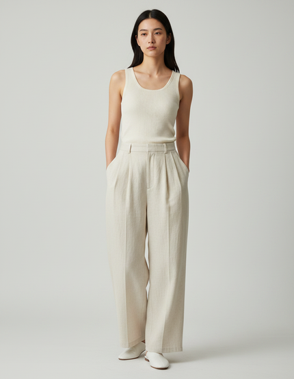 Pantalon Japonais Beige Ample Plissé Décontracté Fluide - Lin