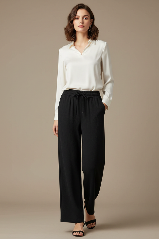Pantalon Japonais Noir Fluide Ample Côtelé Décontracté - Maille