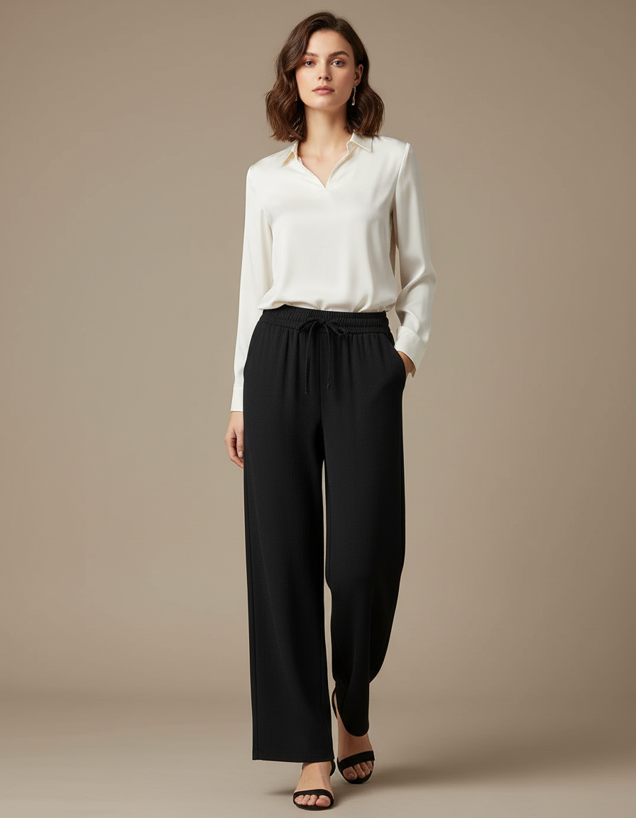 Pantalon Japonais Noir Fluide Ample Côtelé Décontracté - Maille