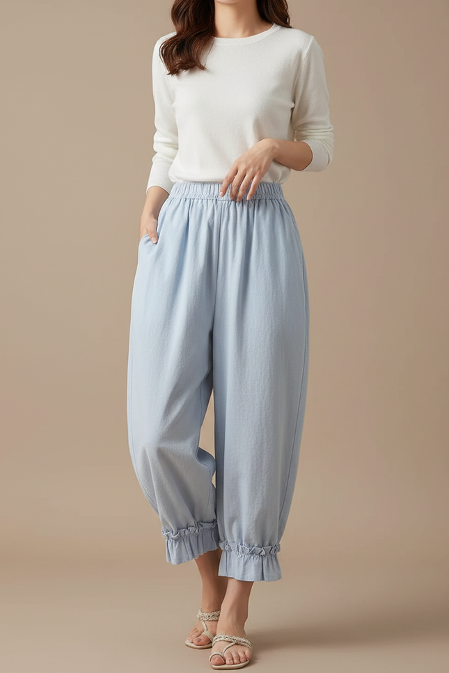 Pantalon Japonais Bleu Ample Volants Coton Décontracté