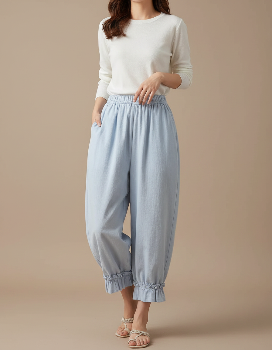Pantalon Japonais Bleu Ample Volants Coton Décontracté