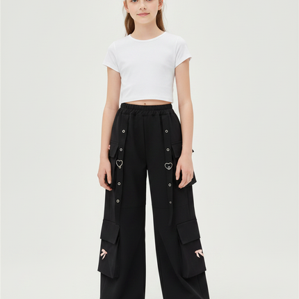 Pantalon Japonais Noir Cargo Ample Cœurs Fille - Polyester