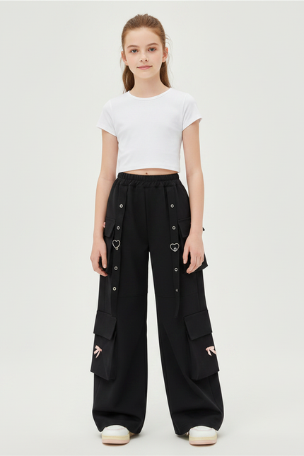 Pantalon Japonais Noir Cargo Ample Cœurs Fille - Polyester