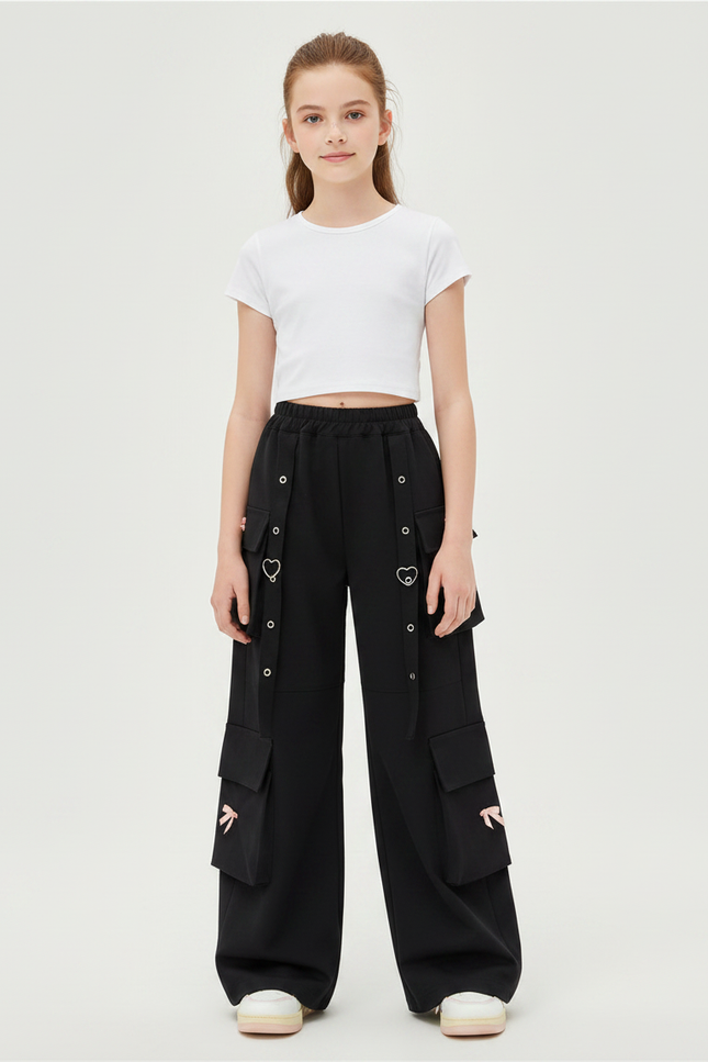 Pantalon Japonais Noir Cargo Ample Cœurs Fille - Polyester
