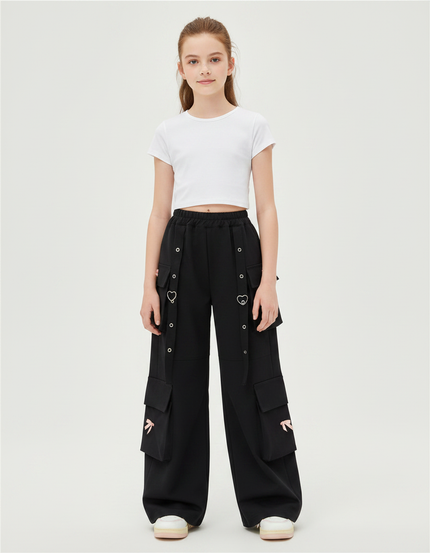 Pantalon Japonais Noir Cargo Ample Cœurs Fille - Polyester