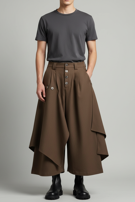 Pantalon Japonais Marron Ample Superposé Asymétrique Moderne - Laine