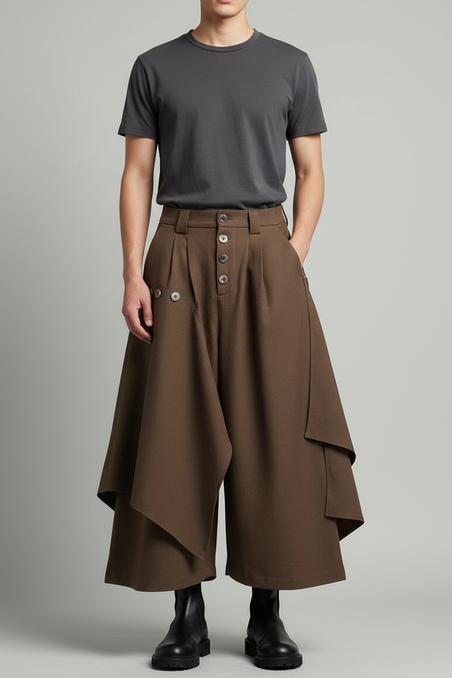 Pantalon Japonais Marron Ample Superposé Asymétrique Moderne - Laine