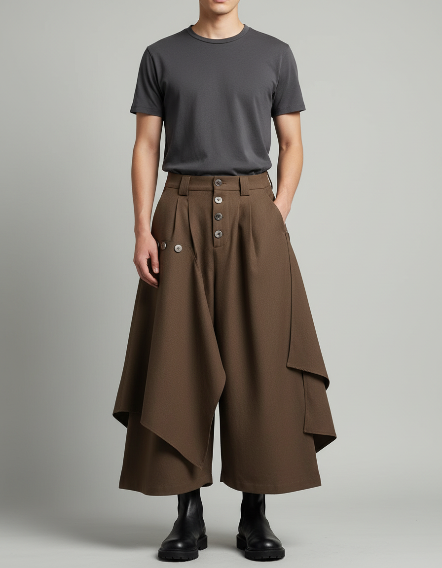 Pantalon Japonais Marron Ample Superposé Asymétrique Moderne - Laine