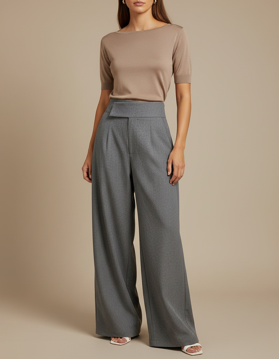 Pantalon Japonais Large Gris Plissé Tissé Élégant - Tweed