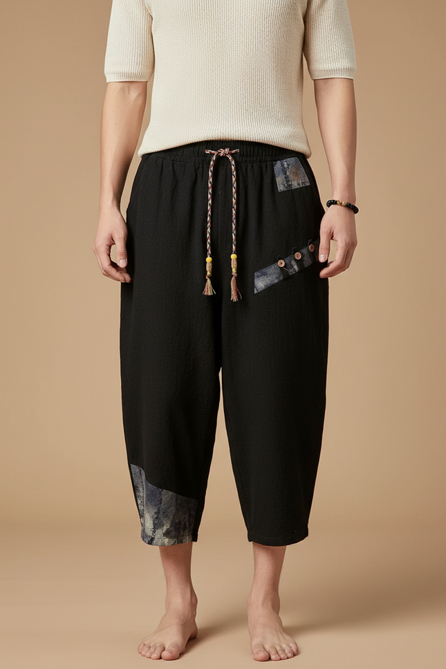 Pantalon Japonais Noir Coton Lin Ample Patchwork