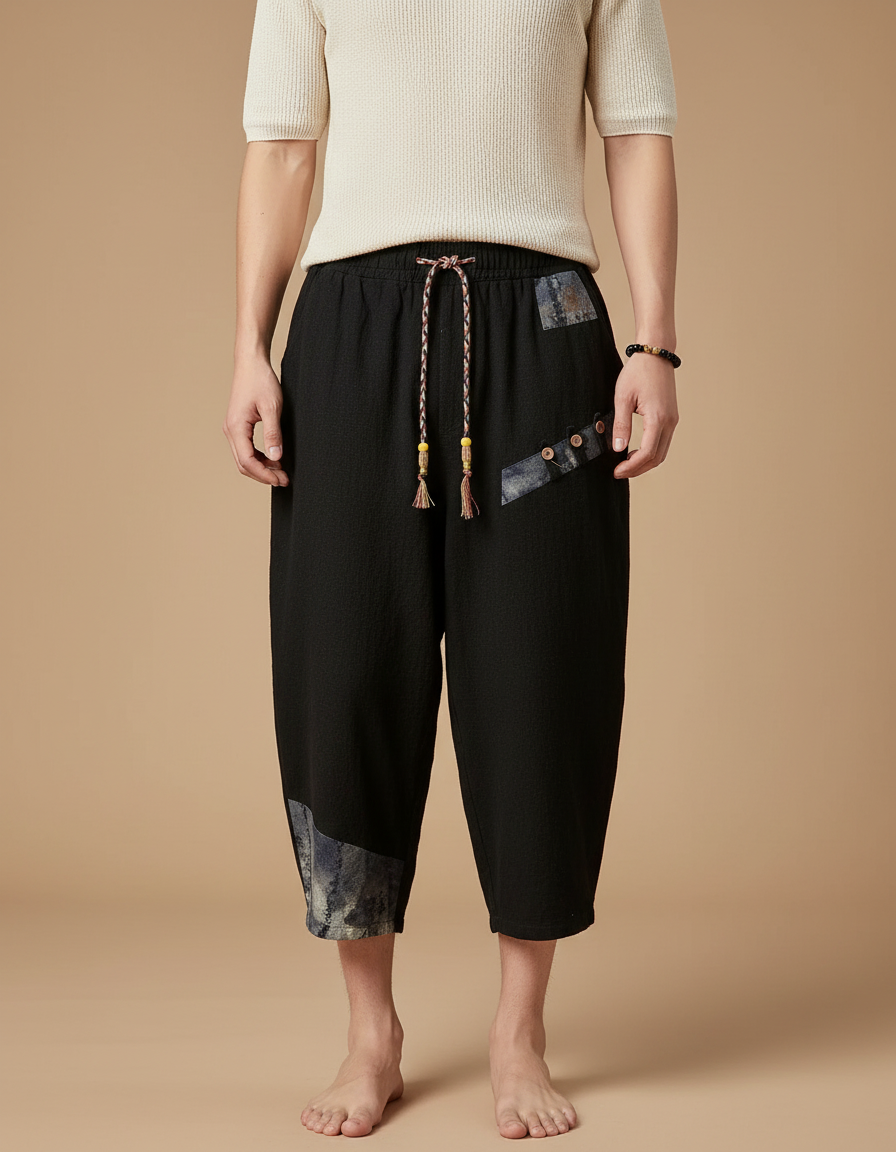Pantalon Japonais Noir Coton Lin Ample Patchwork