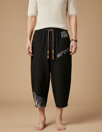 Pantalon Japonais Noir Coton Lin Ample Patchwork