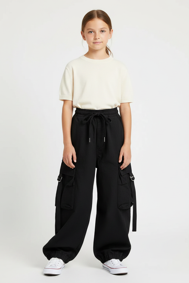 Pantalon Japonais Noir Cargo Ample Fille - Toile