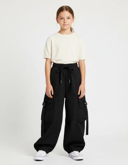 Pantalon Japonais Noir Cargo Ample Fille - Toile