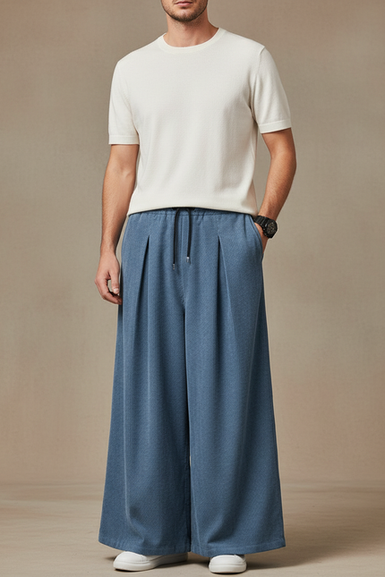 Pantalon Japonais Bleu Côtelé Ample Décontracté Homme - Cordé