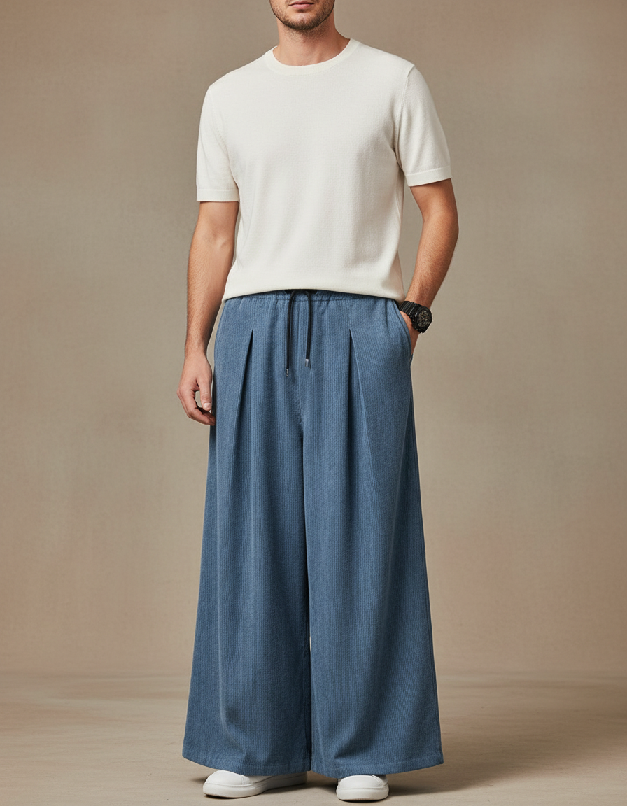 Pantalon Japonais Bleu Côtelé Ample Décontracté Homme - Cordé