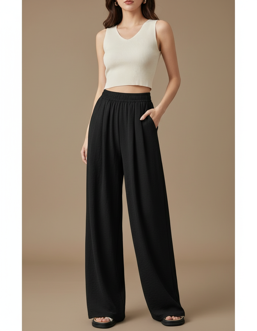 Pantalon Japonais Femme Noir Large Lin - Viscose