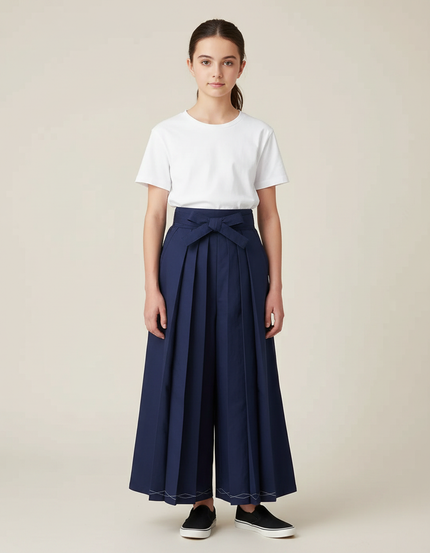 Pantalon Japonais Bleu Marine Plissé Large Coton - Gabardine