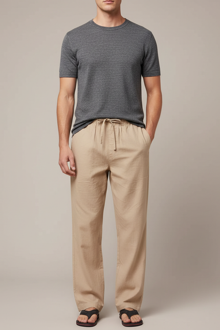 Pantalon Japonais Beige Lin Ample Décontracté Cordon