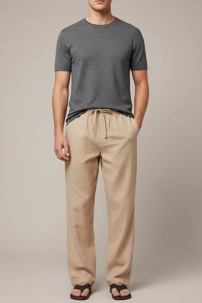 Pantalon Japonais Beige Lin Ample Décontracté Cordon