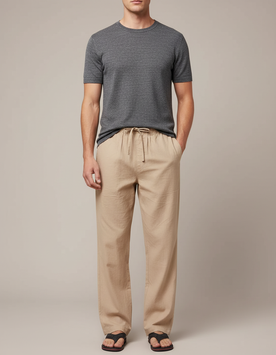 Pantalon Japonais Beige Lin Ample Décontracté Cordon