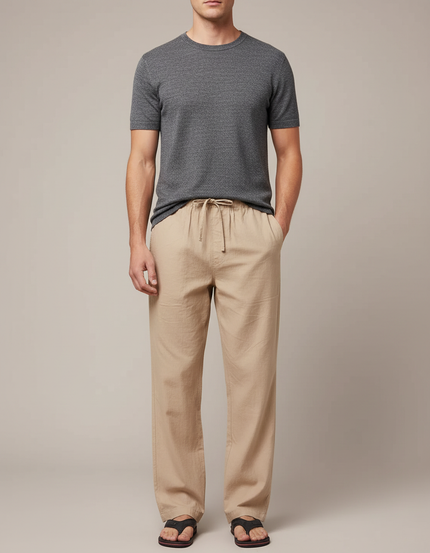 Pantalon Japonais Beige Lin Ample Décontracté Cordon