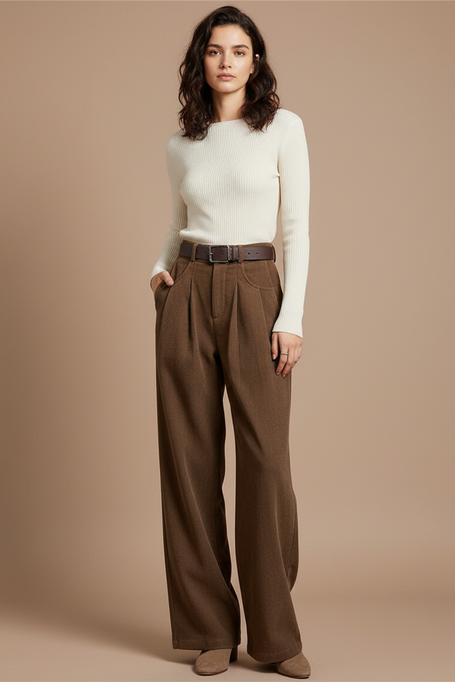 Pantalon Japonais Marron Côtelé Ample Plissé Décontracté - Cordé