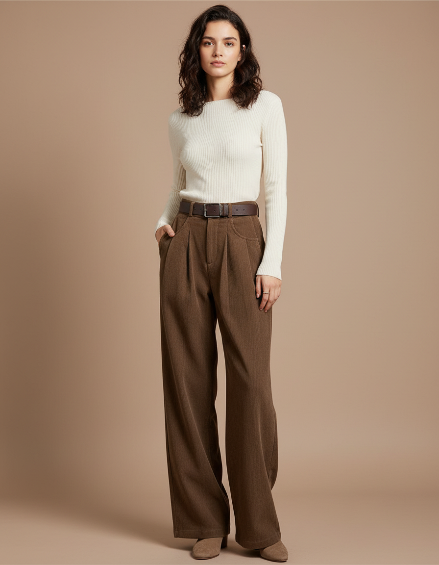 Pantalon Japonais Marron Côtelé Ample Plissé Décontracté - Cordé