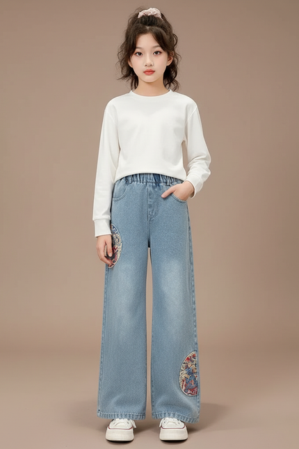 Pantalon Japonais Denim Ample Brodé Fille Décontracté - Bleu Jean