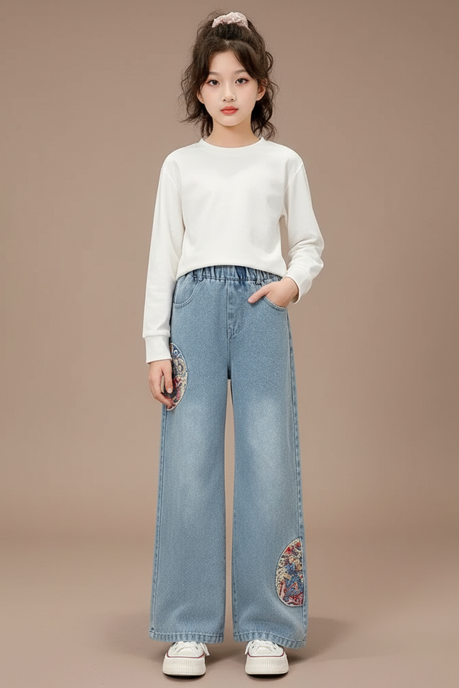 Pantalon Japonais Denim Ample Brodé Fille Décontracté - Bleu Jean