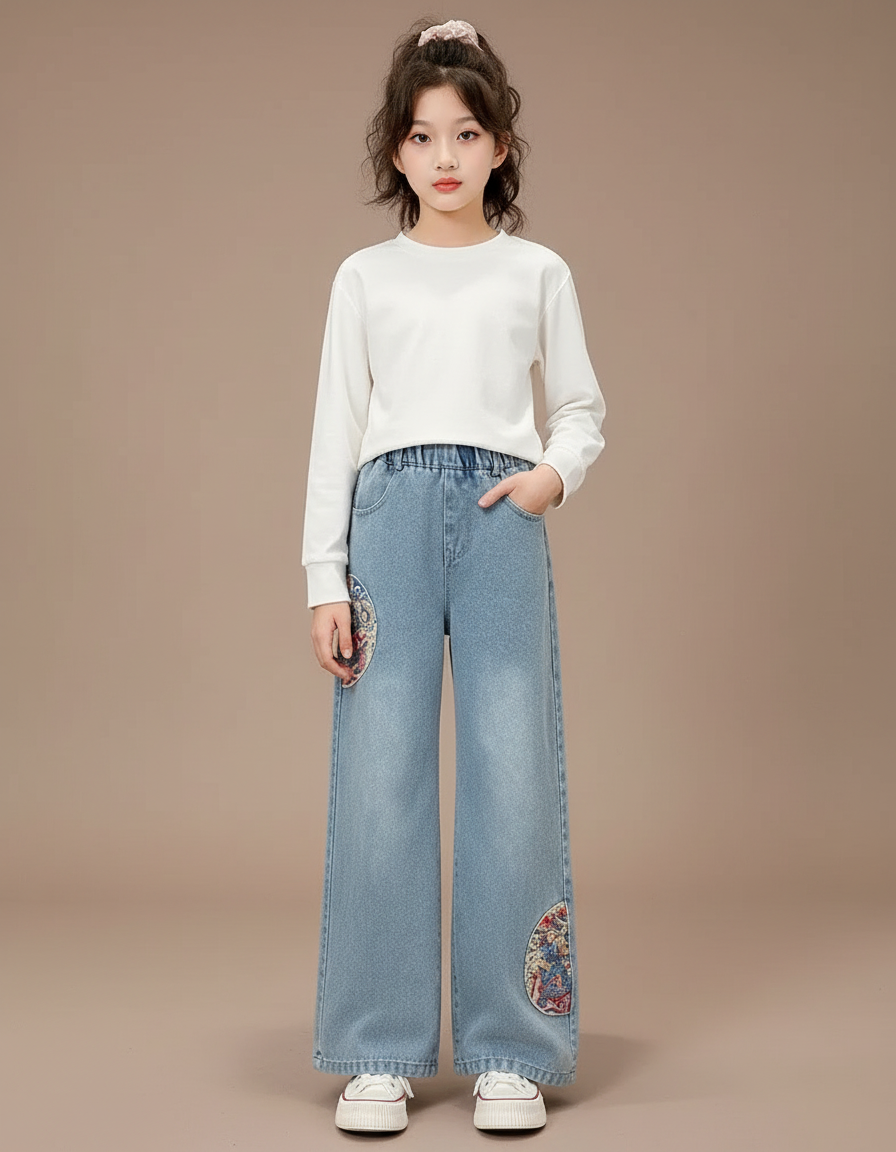 Pantalon Japonais Denim Ample Brodé Fille Décontracté - Bleu Jean