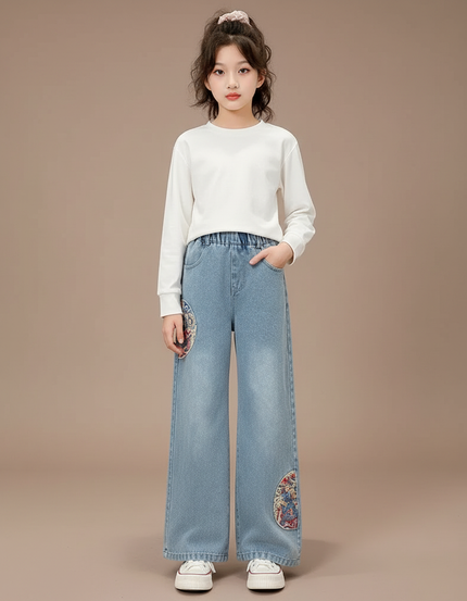 Pantalon Japonais Denim Ample Brodé Fille Décontracté - Bleu Jean