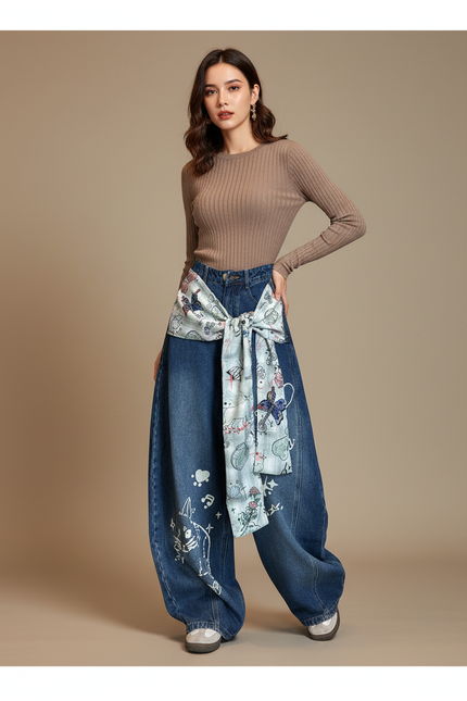 Pantalon Japonais Denim Baggy Brodé Ample Décontracté - Bleu Jean