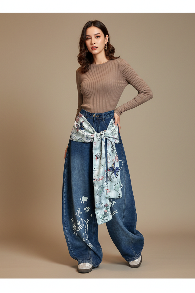Pantalon Japonais Denim Baggy Brodé Ample Décontracté - Bleu Jean
