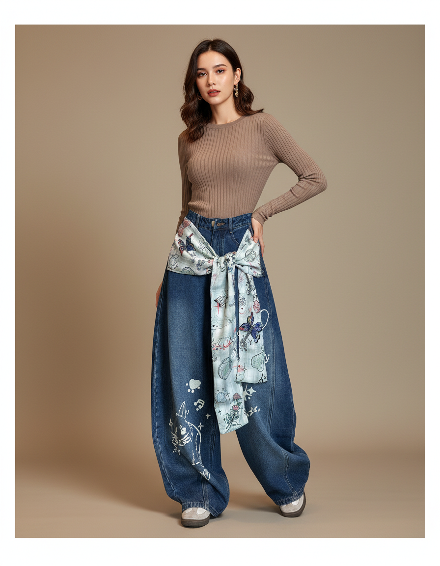 Pantalon Japonais Denim Baggy Brodé Ample Décontracté - Bleu Jean