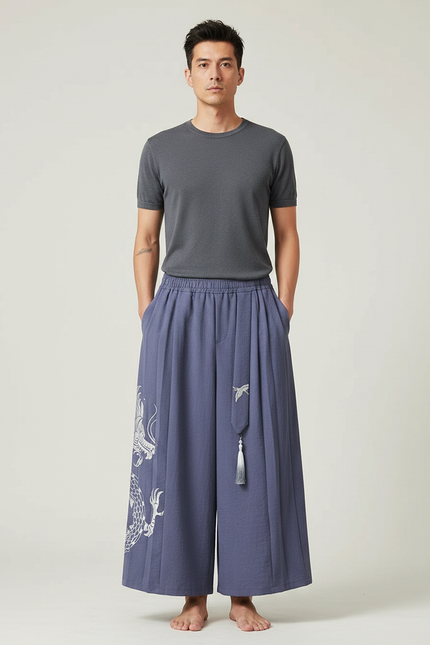 Pantalon Japonais Ample Bleu Dragon Tassels Fluide - Viscose